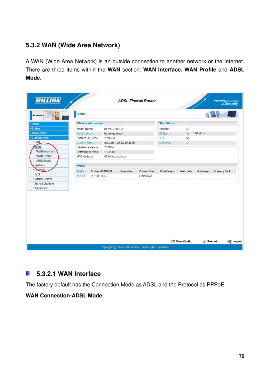 Billion Electric Company 7300GX user manual WAN Wide Area Network, WAN Interface, WAN Connection-ADSL Mode 