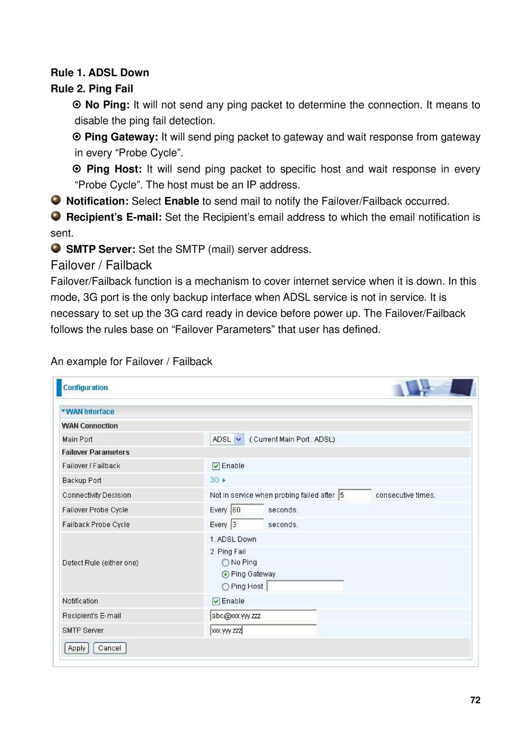 Billion Electric Company 7300GX user manual Failover / Failback, Rule 1. Adsl Down Rule 2. Ping Fail 