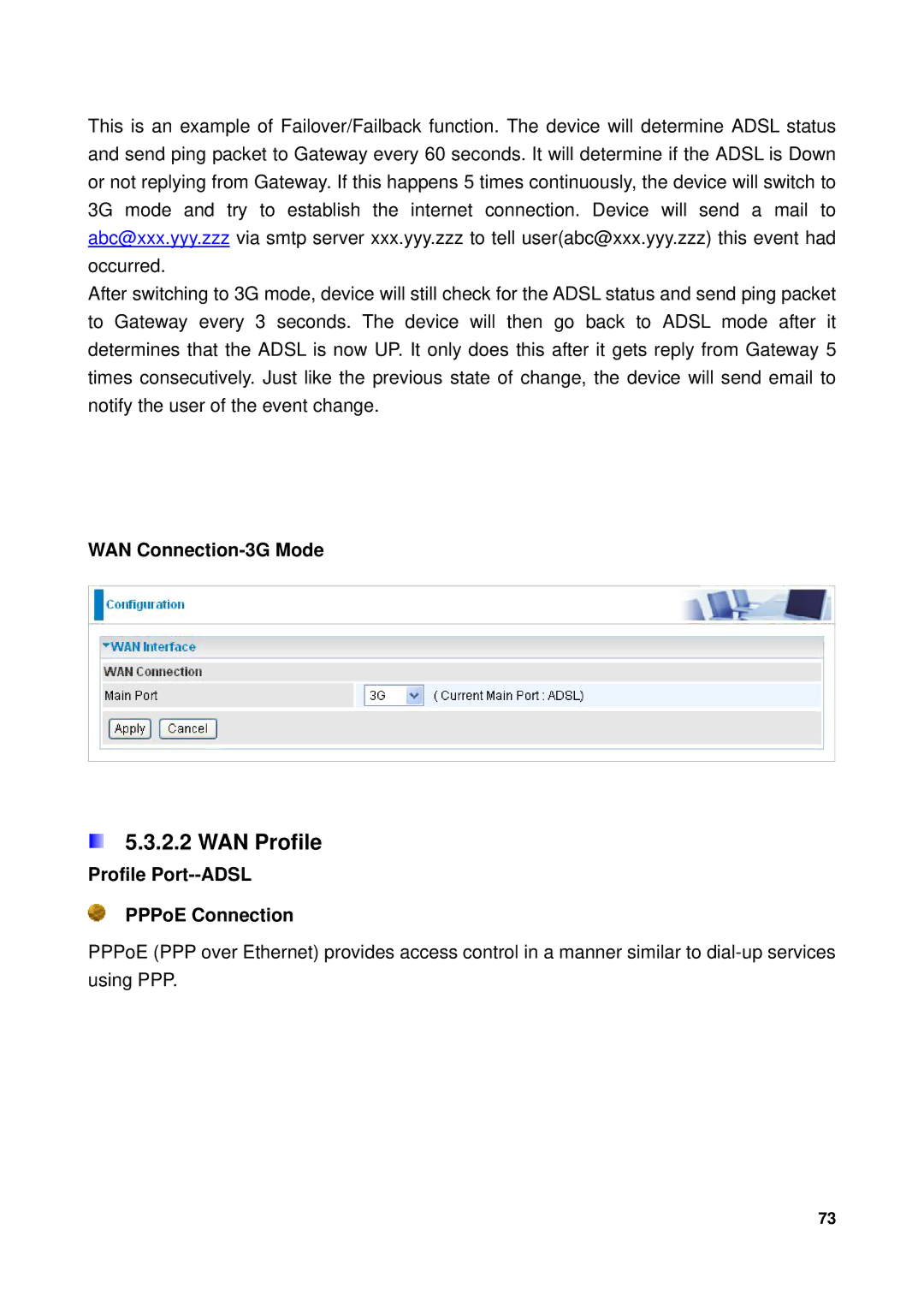 Billion Electric Company 7300GX user manual WAN Profile, WAN Connection-3G Mode, Profile Port--ADSL PPPoE Connection 