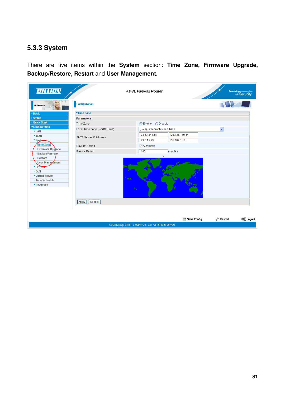 Billion Electric Company 7300GX user manual System, Backup/Restore, Restart and User Management 