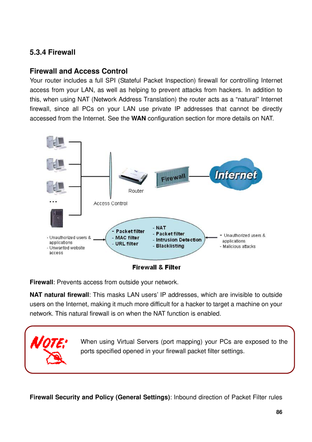 Billion Electric Company 7300GX user manual Firewall Firewall and Access Control 