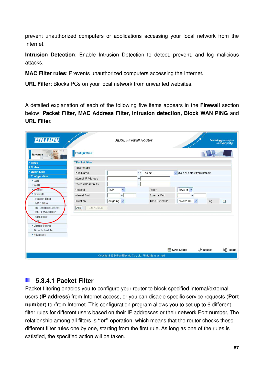 Billion Electric Company 7300GX user manual Packet Filter, URL Filter 