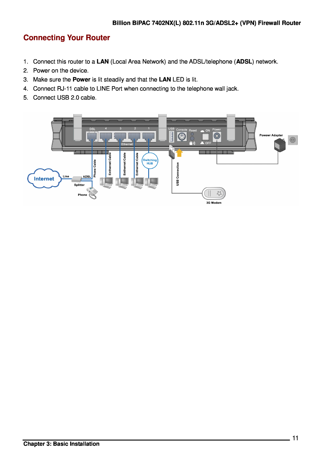 Billion Electric Company user manual Connecting Your Router, Billion BiPAC 7402NXL 802.11n 3G/ADSL2+ VPN Firewall Router 