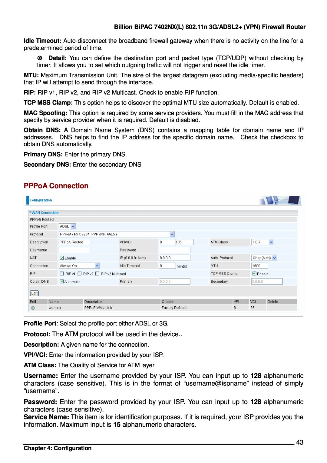 Billion Electric Company 7402NX user manual PPPoA Connection 