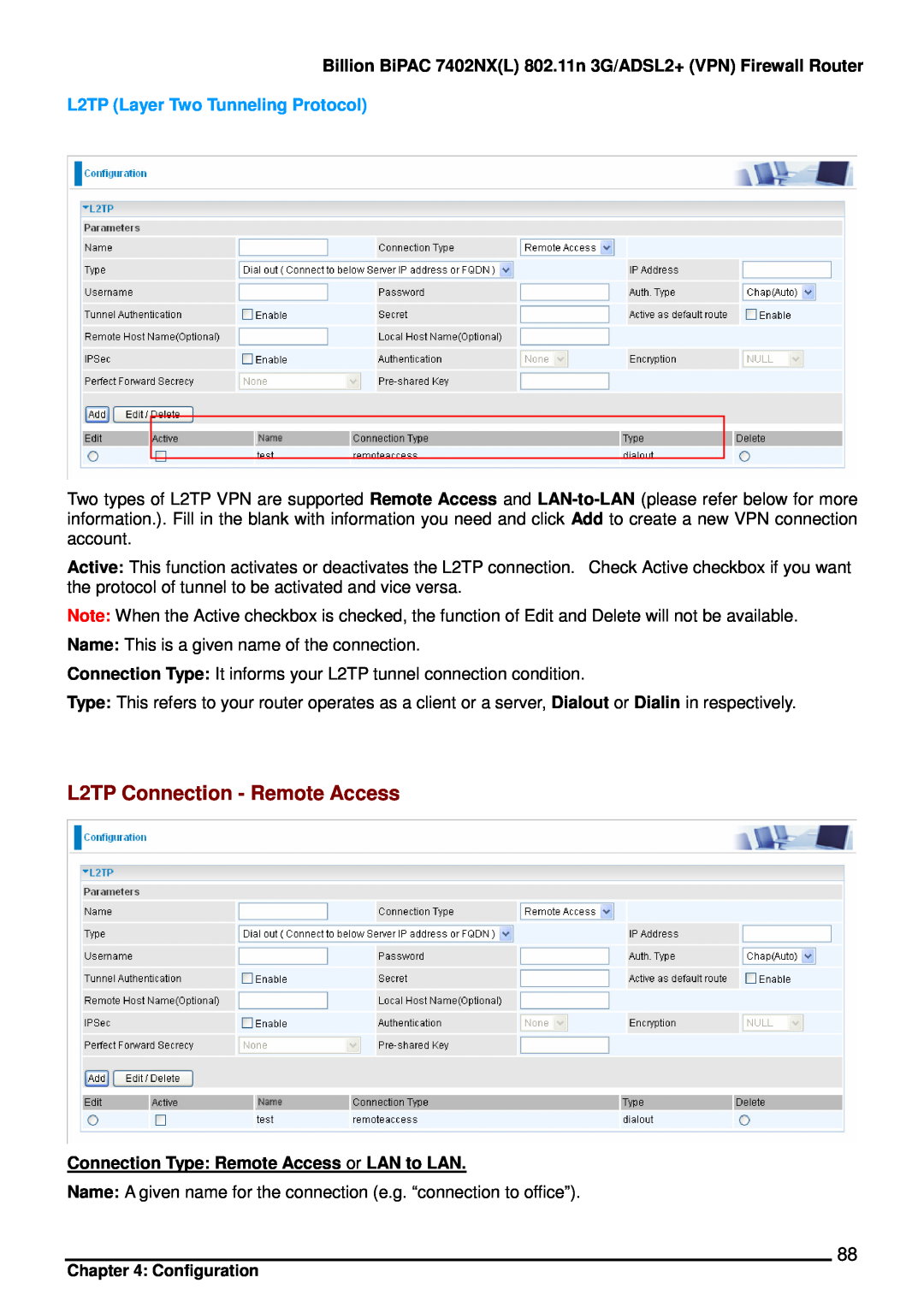 Billion Electric Company 7402NX user manual L2TP Connection - Remote Access, L2TP Layer Two Tunneling Protocol 
