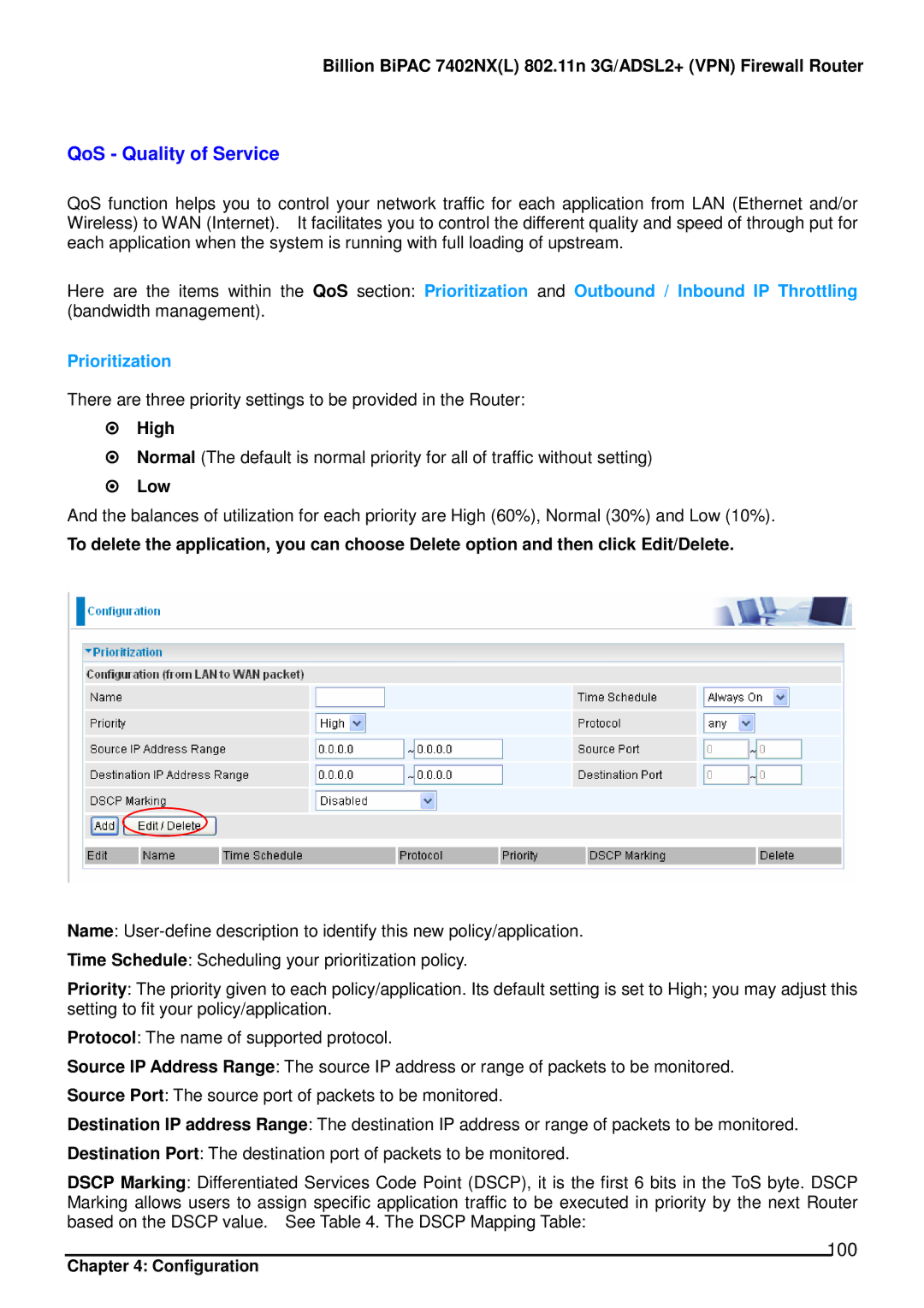 Billion Electric Company 7402NX user manual QoS Quality of Service, 100, Prioritization, High, Low 