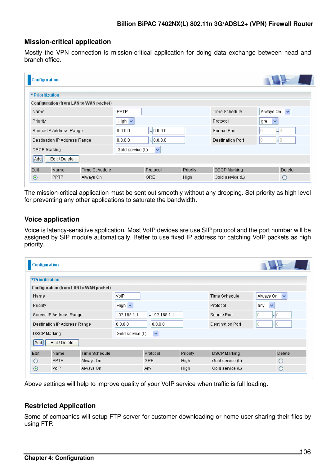 Billion Electric Company 7402NX user manual Mission-critical application, Voice application, Restricted Application, 106 