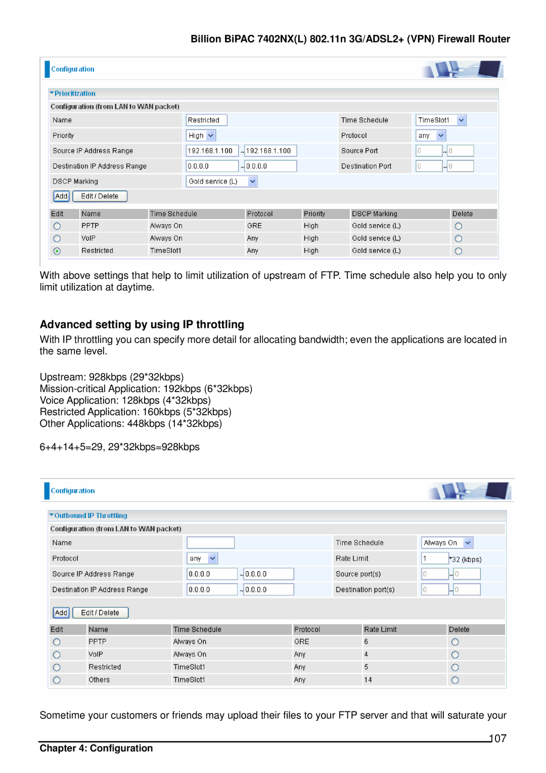 Billion Electric Company 7402NX user manual Advanced setting by using IP throttling, 107 