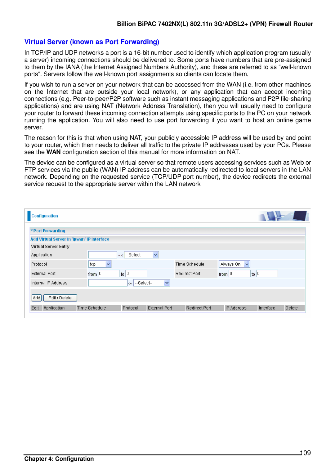 Billion Electric Company 7402NX user manual Virtual Server known as Port Forwarding, 109 