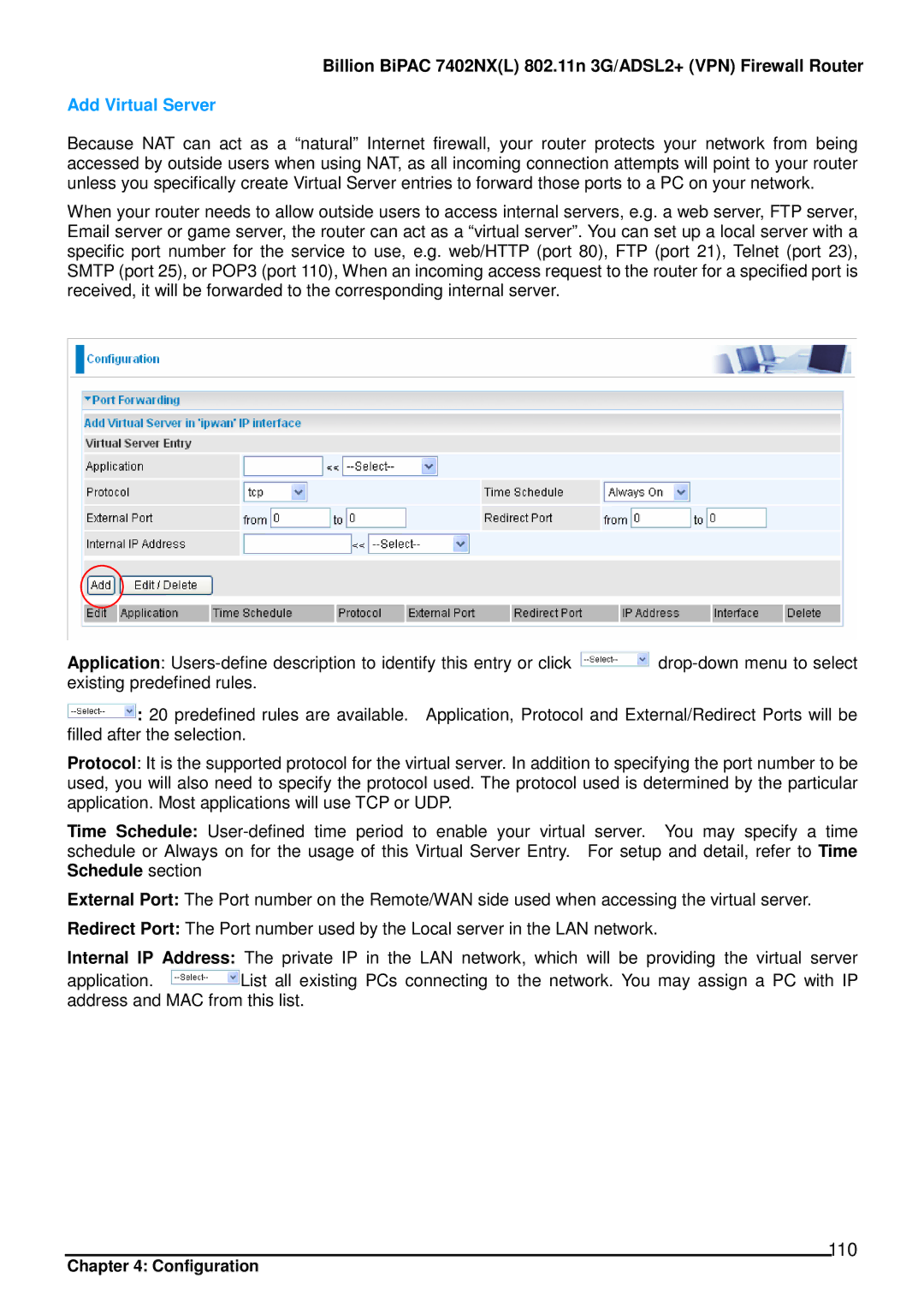 Billion Electric Company 7402NX user manual 110, Add Virtual Server 