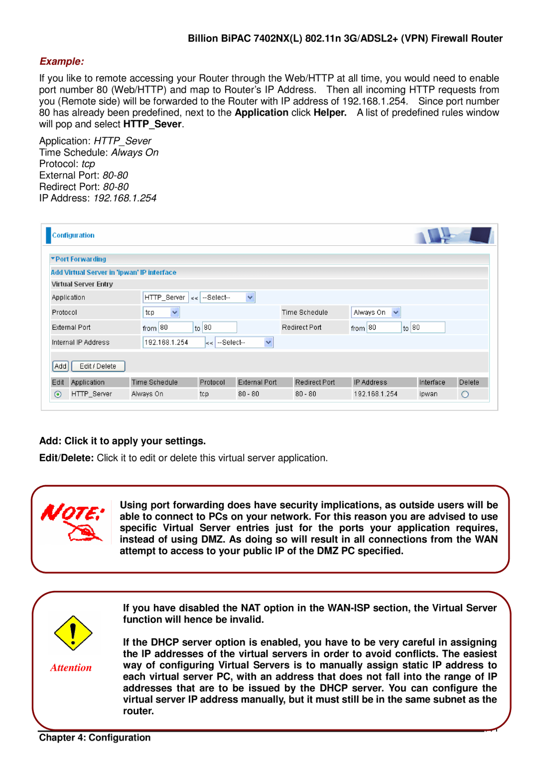 Billion Electric Company 7402NX user manual 111, Add Click it to apply your settings 