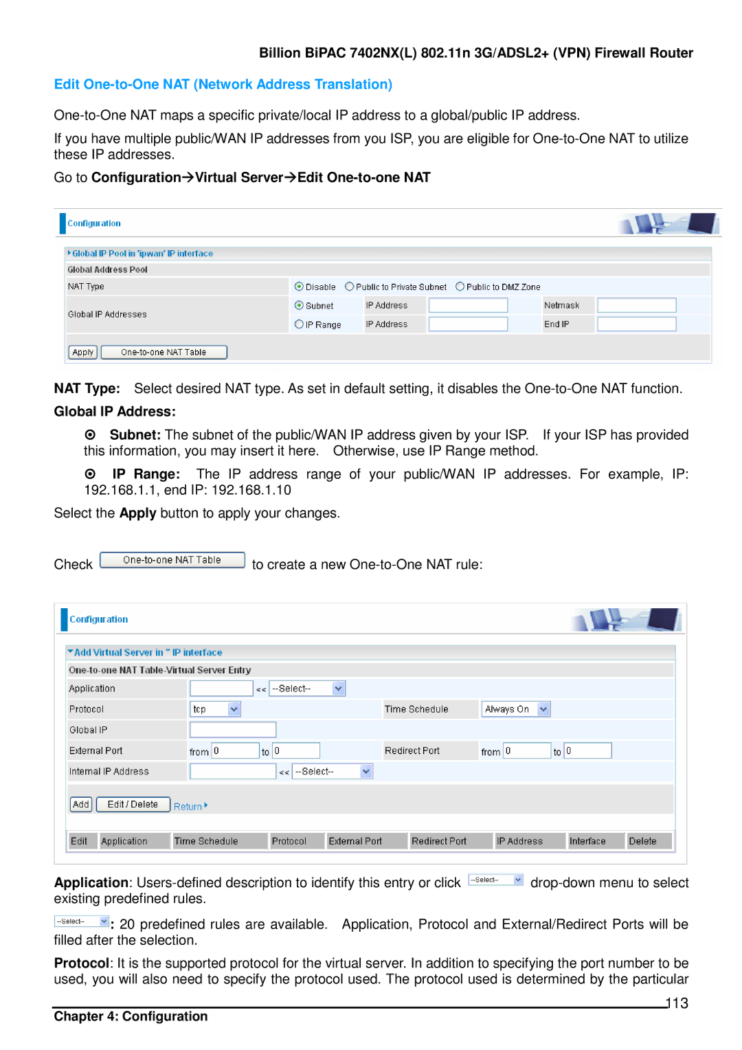 Billion Electric Company 7402NX user manual 113, Edit One-to-One NAT Network Address Translation, Global IP Address 