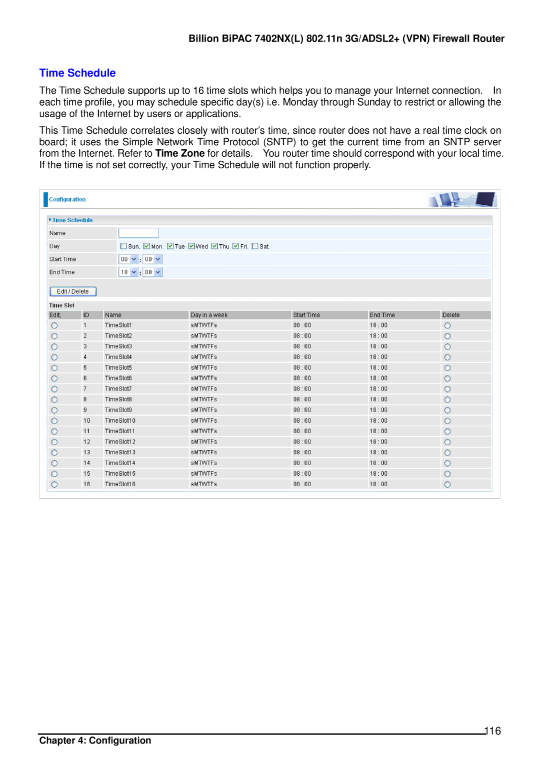 Billion Electric Company 7402NX user manual Time Schedule, 116 