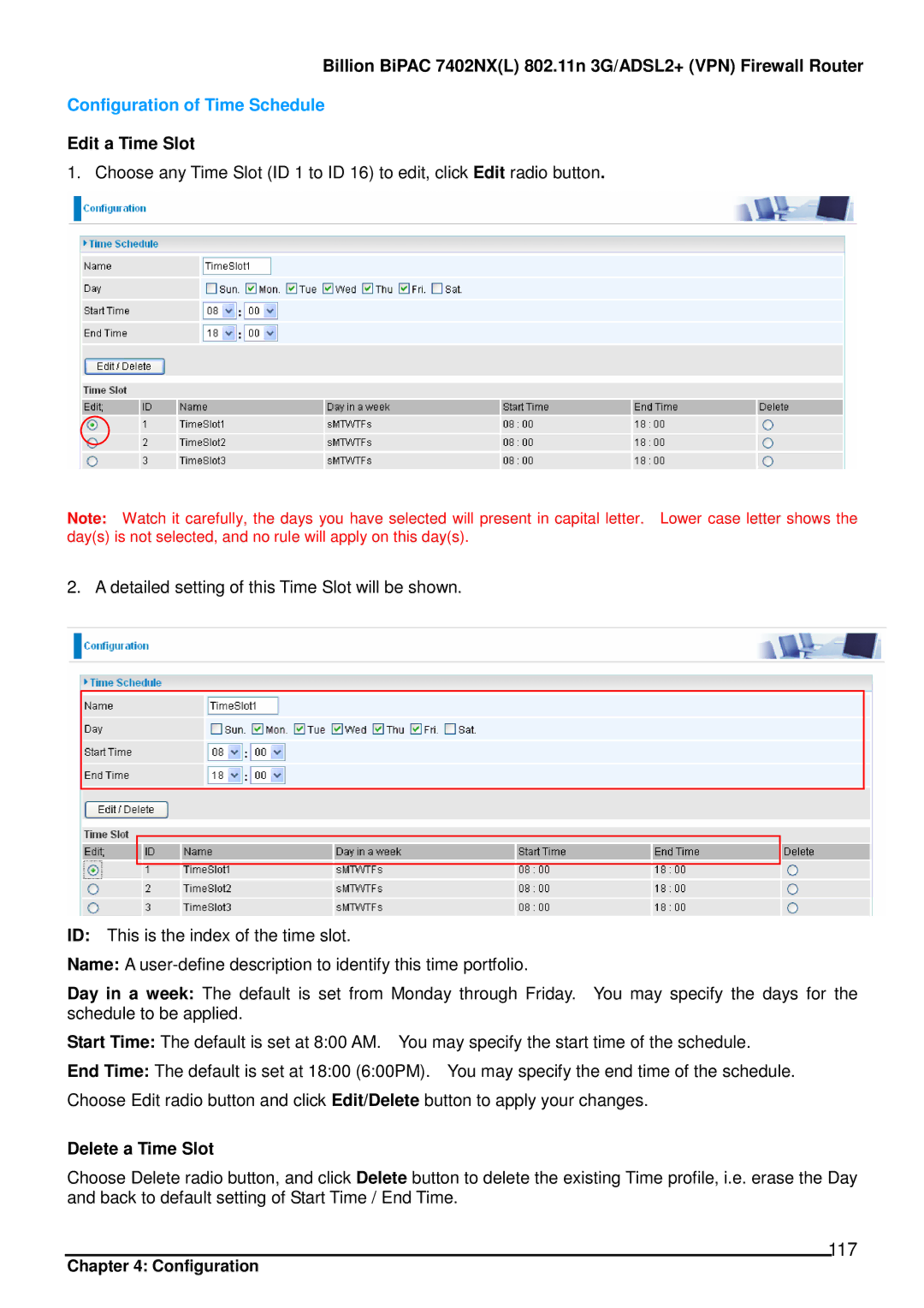 Billion Electric Company 7402NX user manual 117, Configuration of Time Schedule, Edit a Time Slot, Delete a Time Slot 