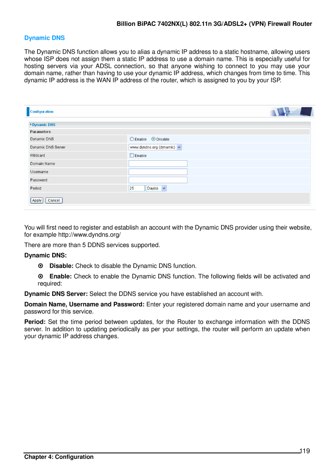 Billion Electric Company 7402NX user manual 119, Dynamic DNS 