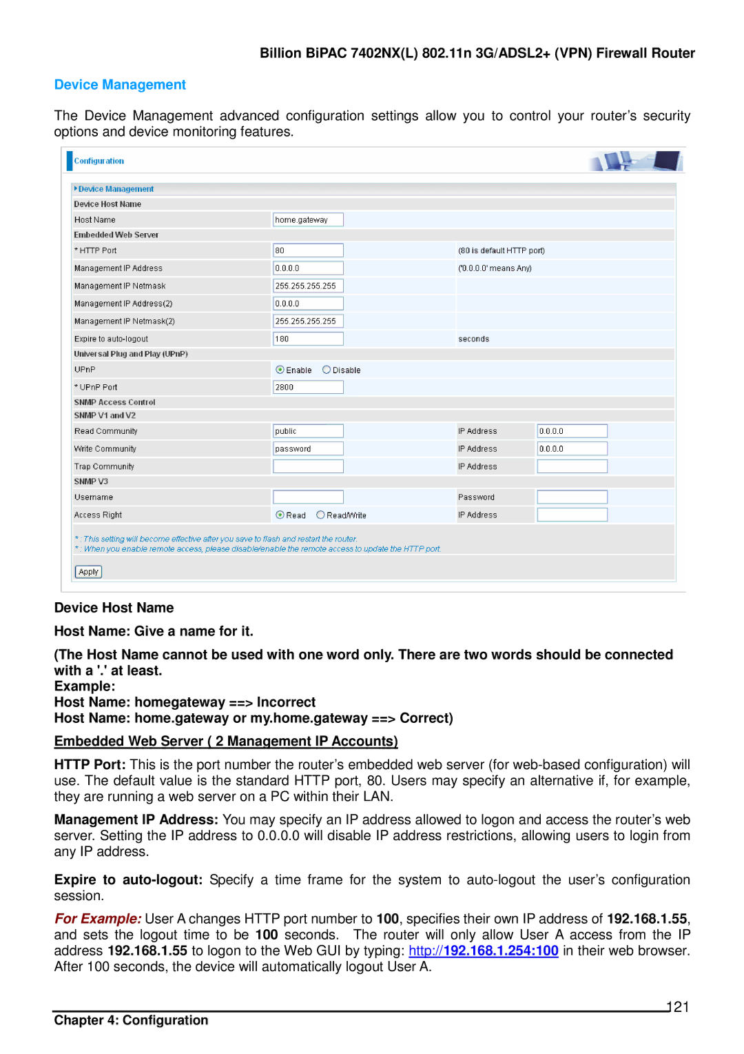 Billion Electric Company 7402NX user manual 121, Device Management 