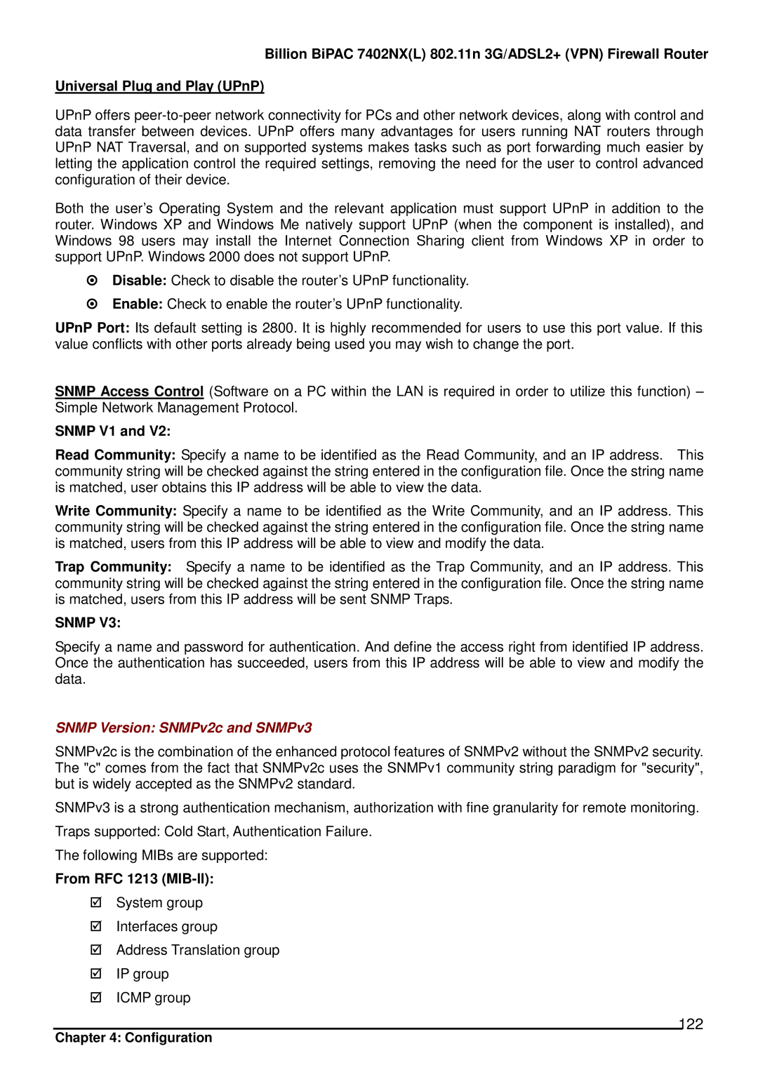 Billion Electric Company 7402NX user manual 122, Snmp V1, From RFC 1213 MIB-II 