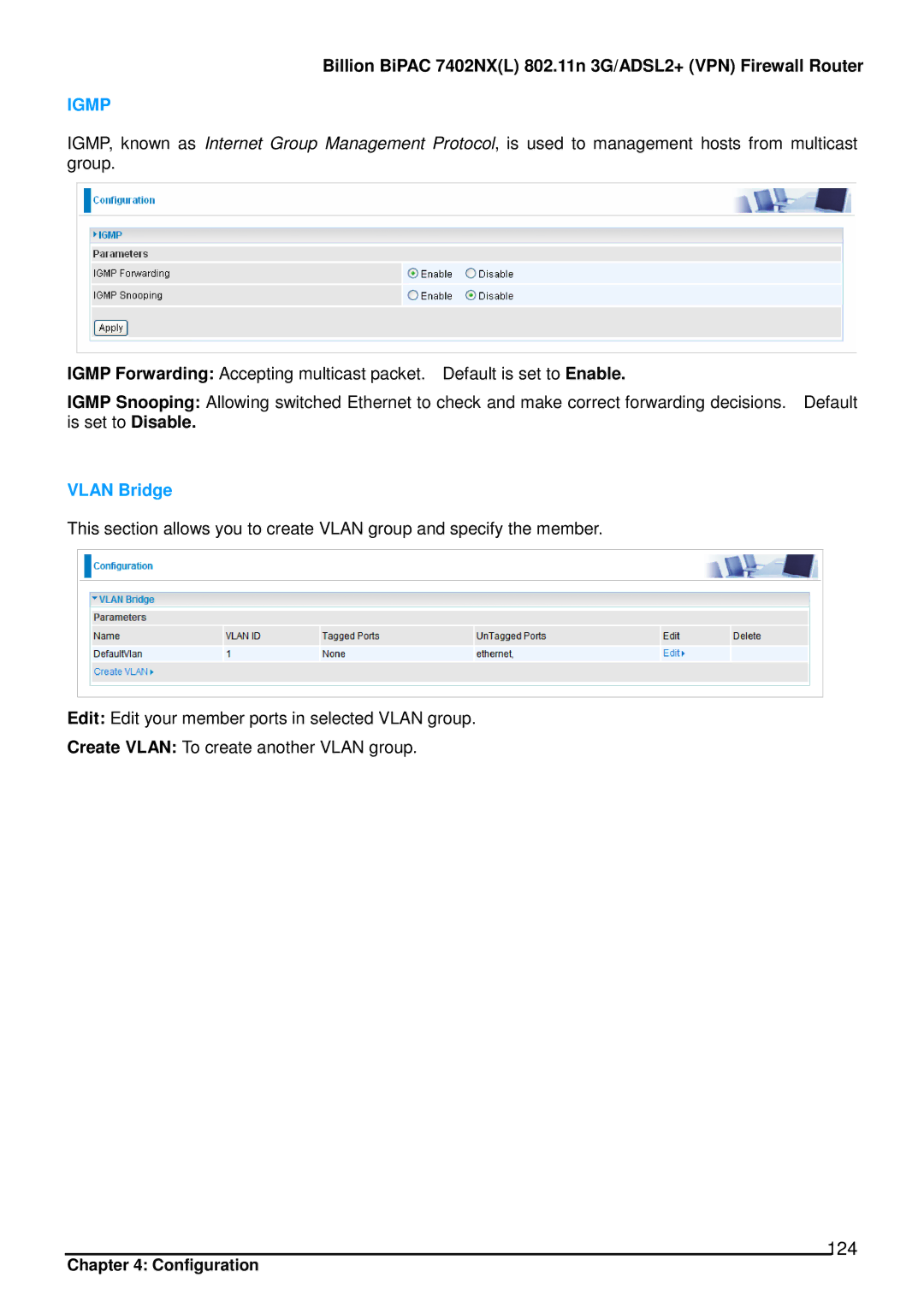 Billion Electric Company 7402NX user manual 124, Vlan Bridge 