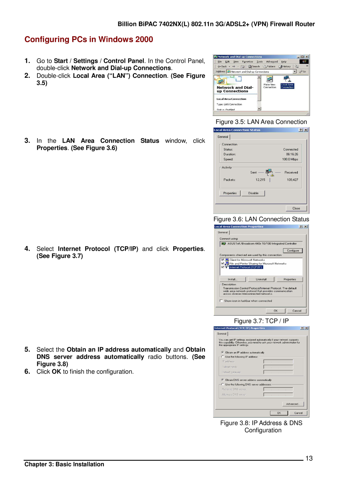 Billion Electric Company 7402NX user manual Configuring PCs in Windows 