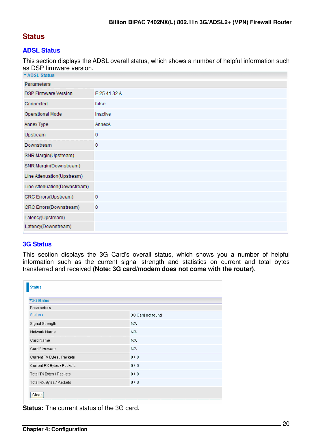 Billion Electric Company 7402NX user manual Adsl Status, 3G Status 