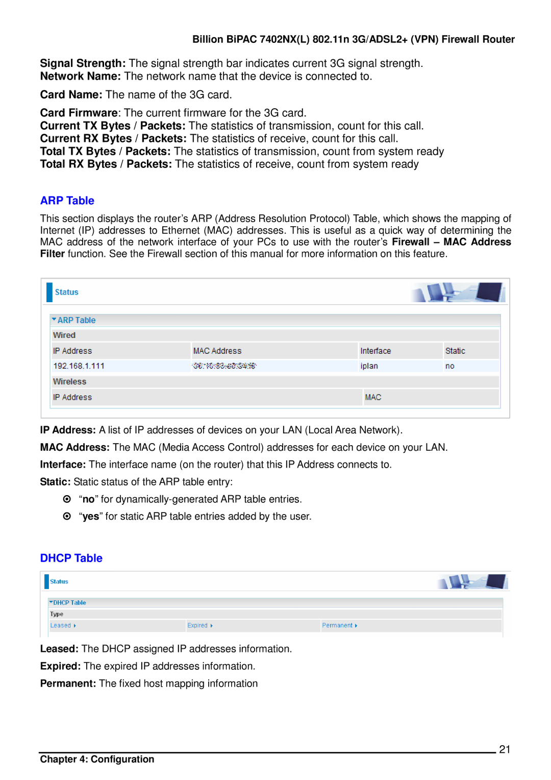 Billion Electric Company 7402NX user manual ARP Table, Dhcp Table 