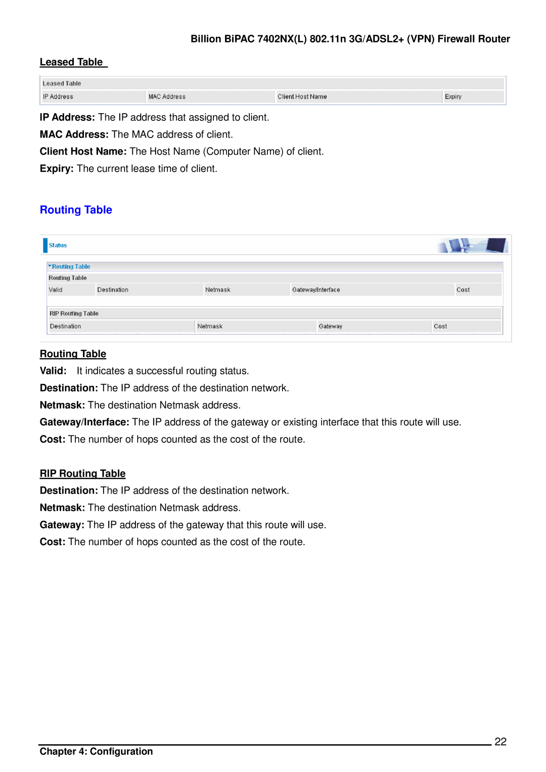 Billion Electric Company 7402NX user manual RIP Routing Table 