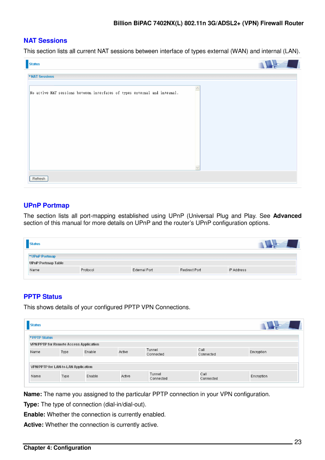 Billion Electric Company 7402NX user manual NAT Sessions, UPnP Portmap, Pptp Status 