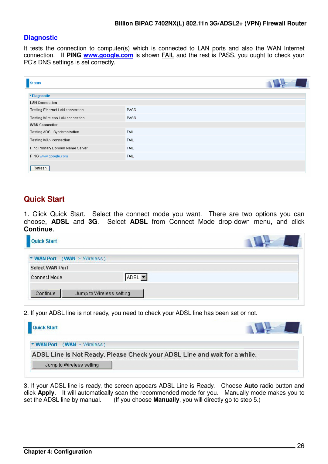 Billion Electric Company 7402NX user manual Quick Start, Diagnostic 