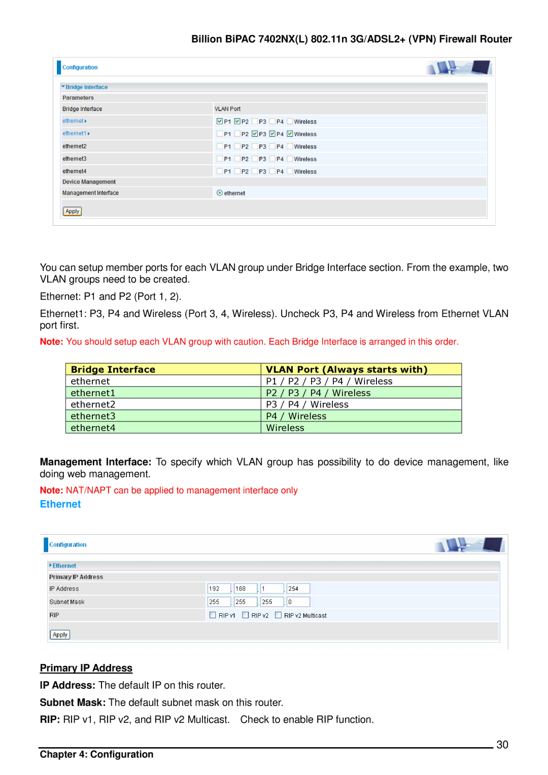 Billion Electric Company 7402NX user manual Ethernet, Primary IP Address 