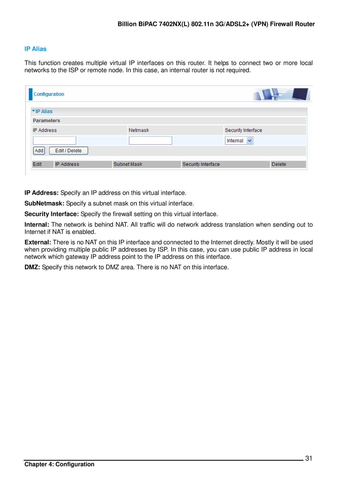 Billion Electric Company 7402NX user manual IP Alias 