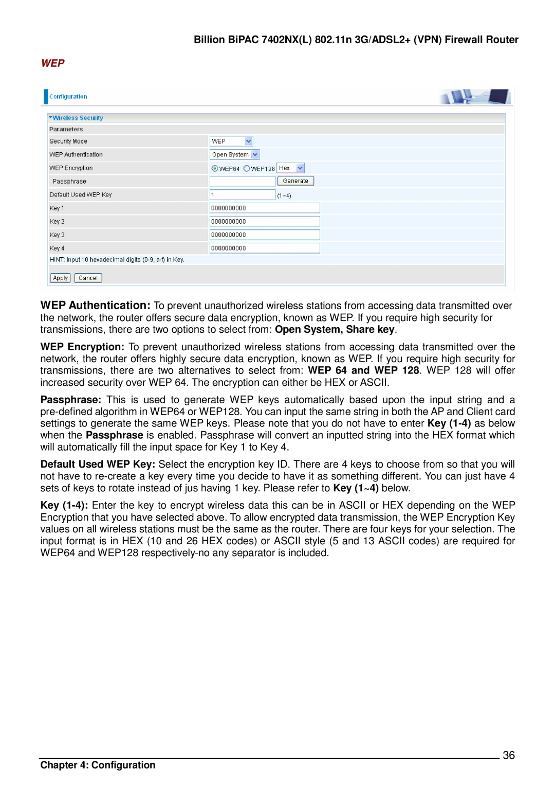 Billion Electric Company 7402NX user manual Wep 