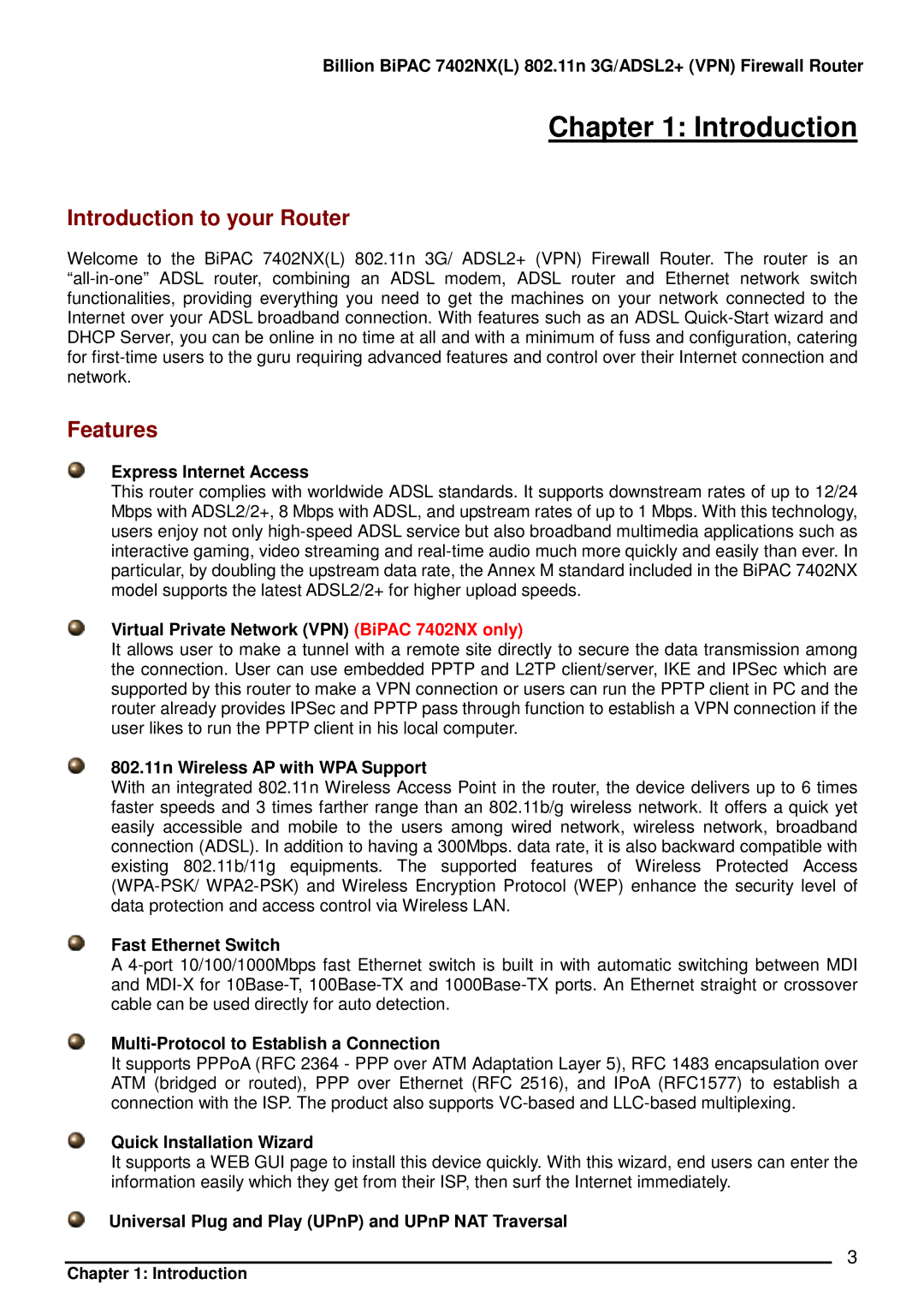 Billion Electric Company 7402NX user manual Introduction to your Router, Features 