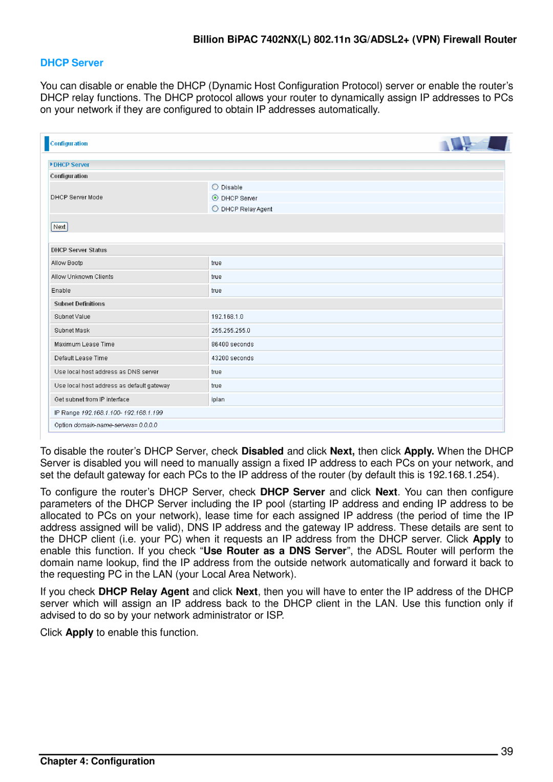 Billion Electric Company 7402NX user manual Dhcp Server 