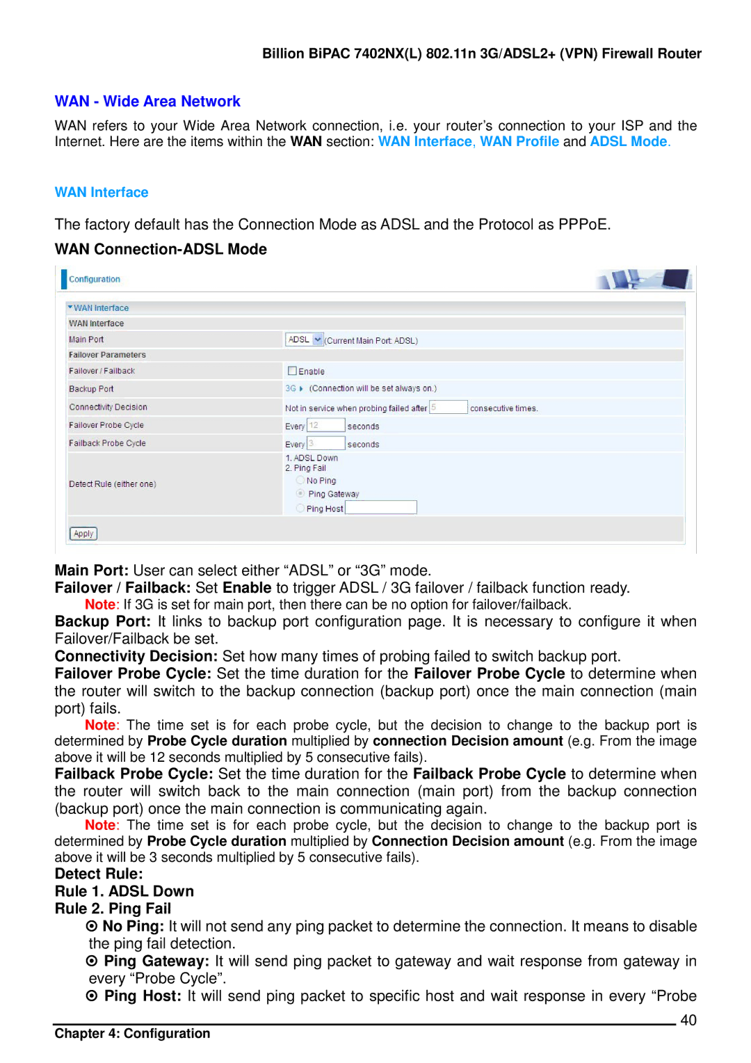 Billion Electric Company 7402NX user manual WAN Wide Area Network, WAN Connection-ADSL Mode, WAN Interface 