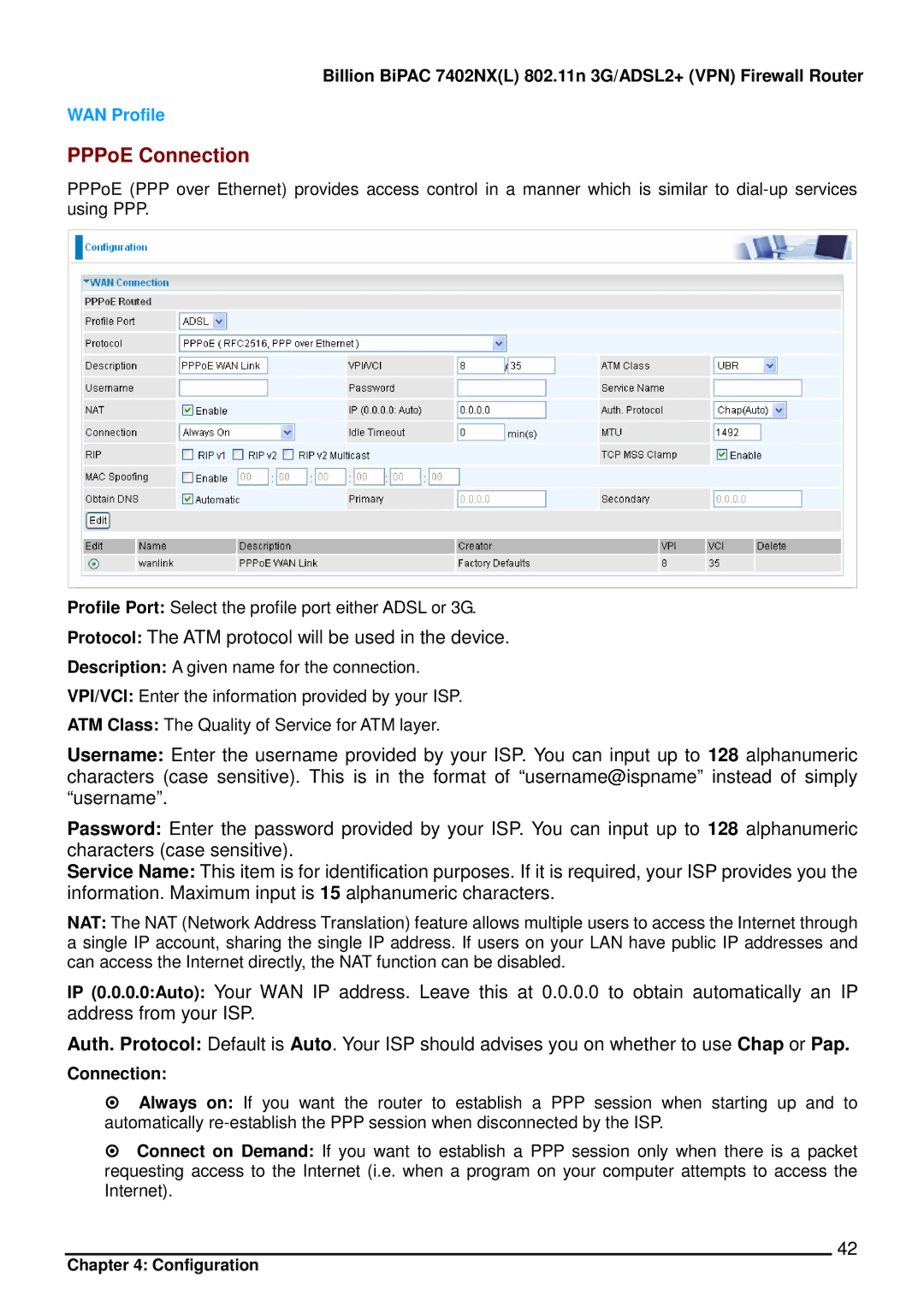 Billion Electric Company 7402NX user manual Protocol The ATM protocol will be used in the device, WAN Profile, Connection 