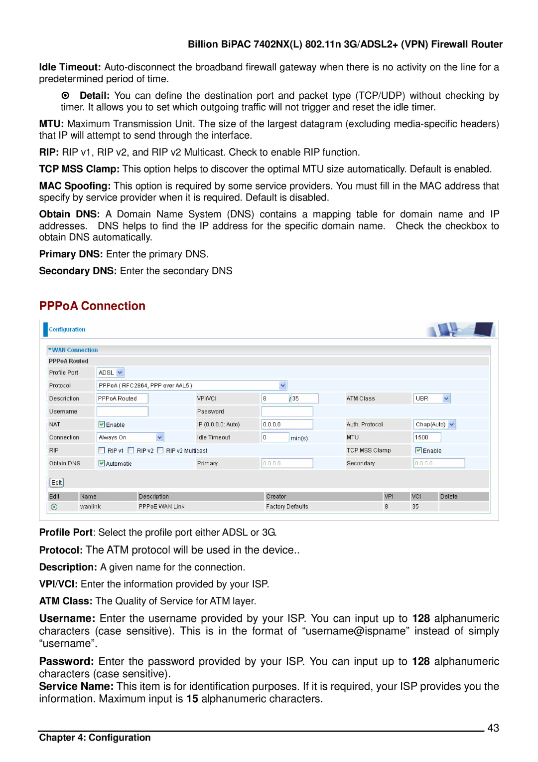 Billion Electric Company 7402NX user manual PPPoA Connection 