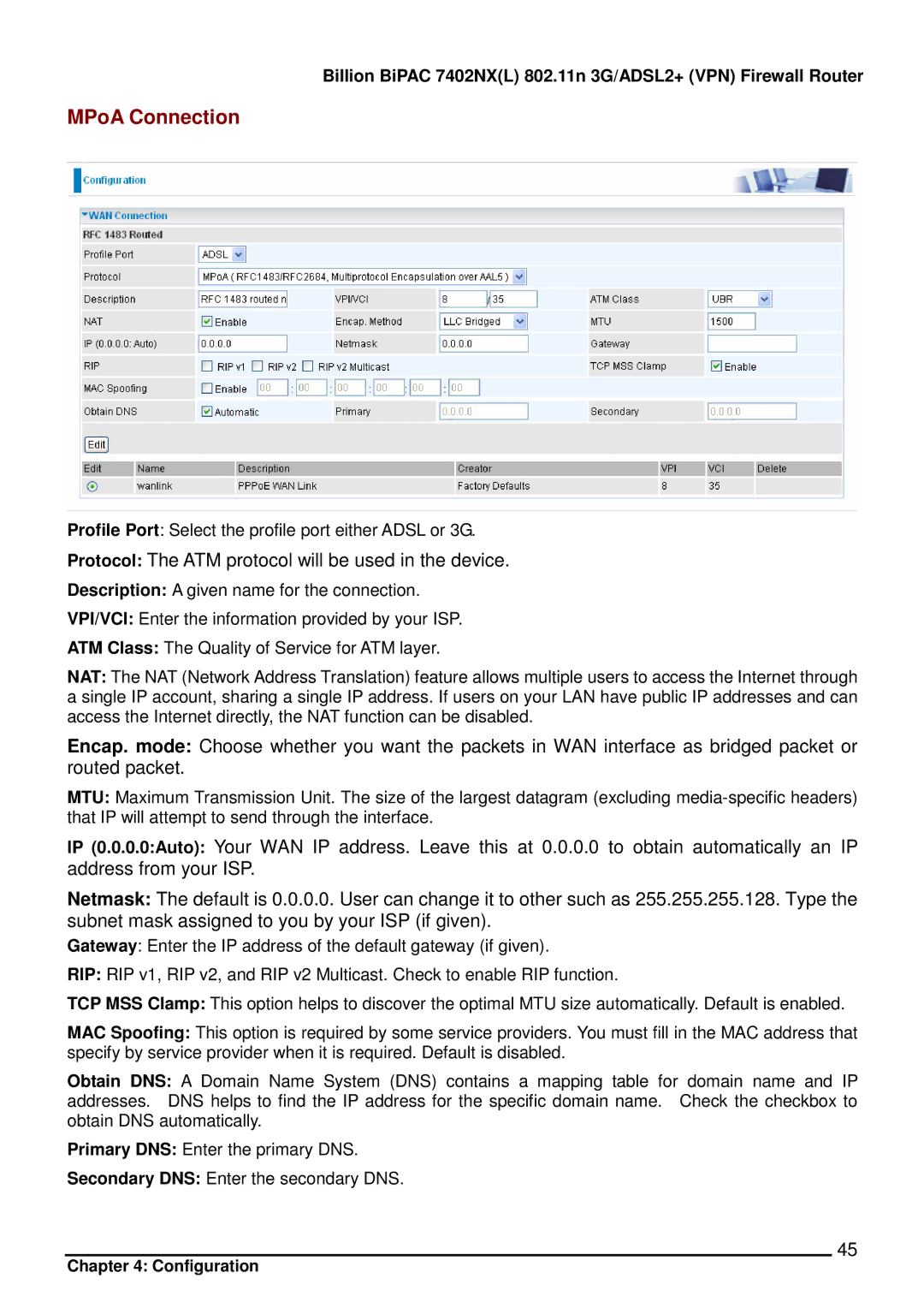 Billion Electric Company 7402NX user manual MPoA Connection 