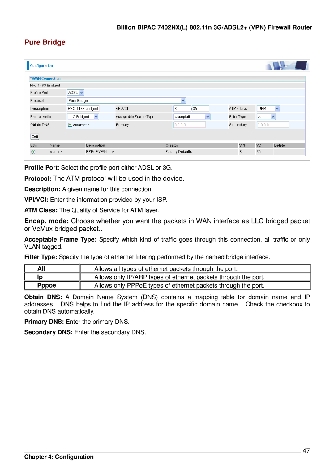 Billion Electric Company 7402NX user manual Pure Bridge, All Pppoe 