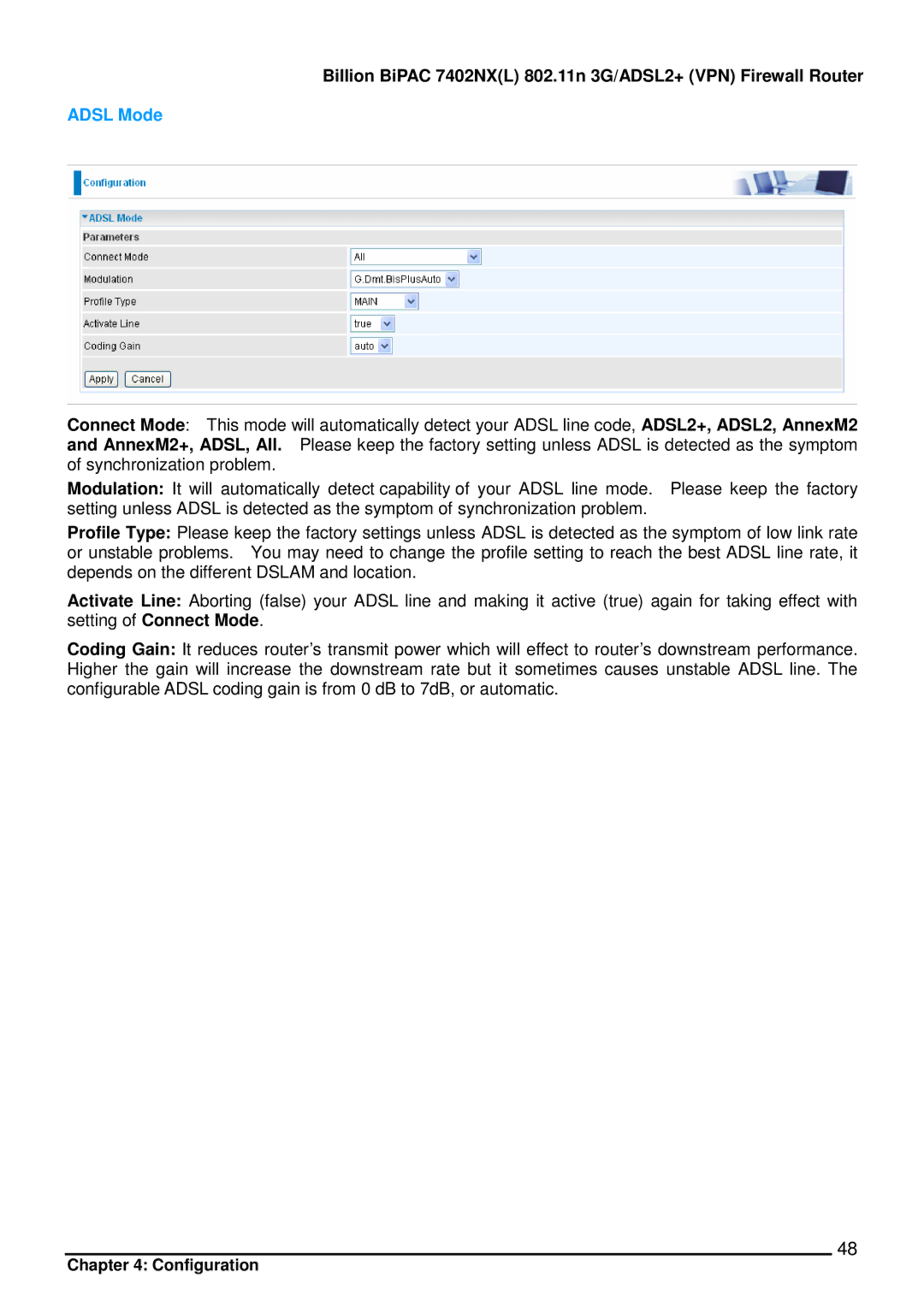 Billion Electric Company 7402NX user manual Adsl Mode 