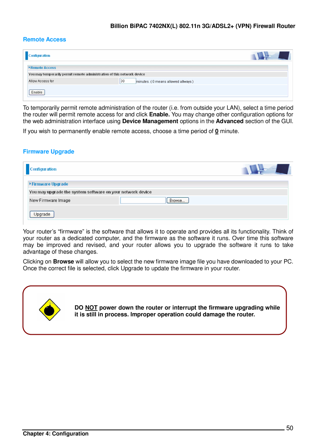 Billion Electric Company 7402NX user manual Remote Access, Firmware Upgrade 