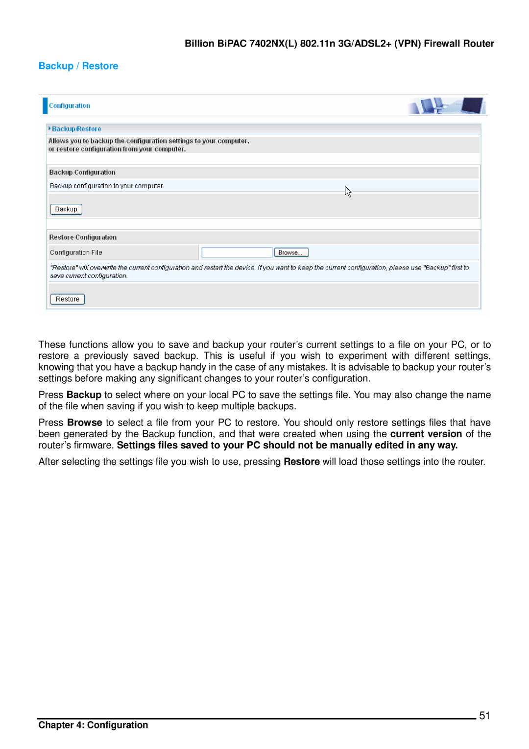 Billion Electric Company 7402NX user manual Backup / Restore 