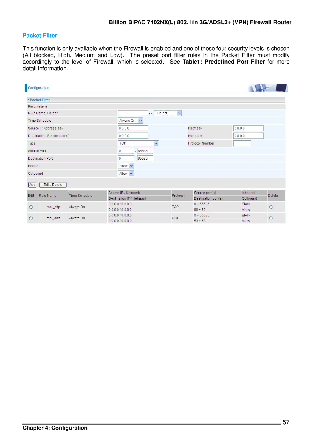 Billion Electric Company 7402NX user manual Packet Filter 