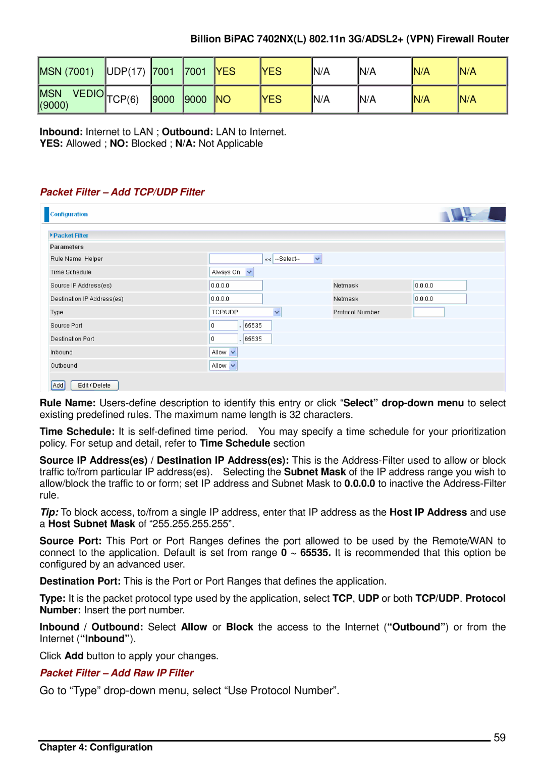 Billion Electric Company 7402NX Go to Type drop-down menu, select Use Protocol Number, Packet Filter Add TCP/UDP Filter 