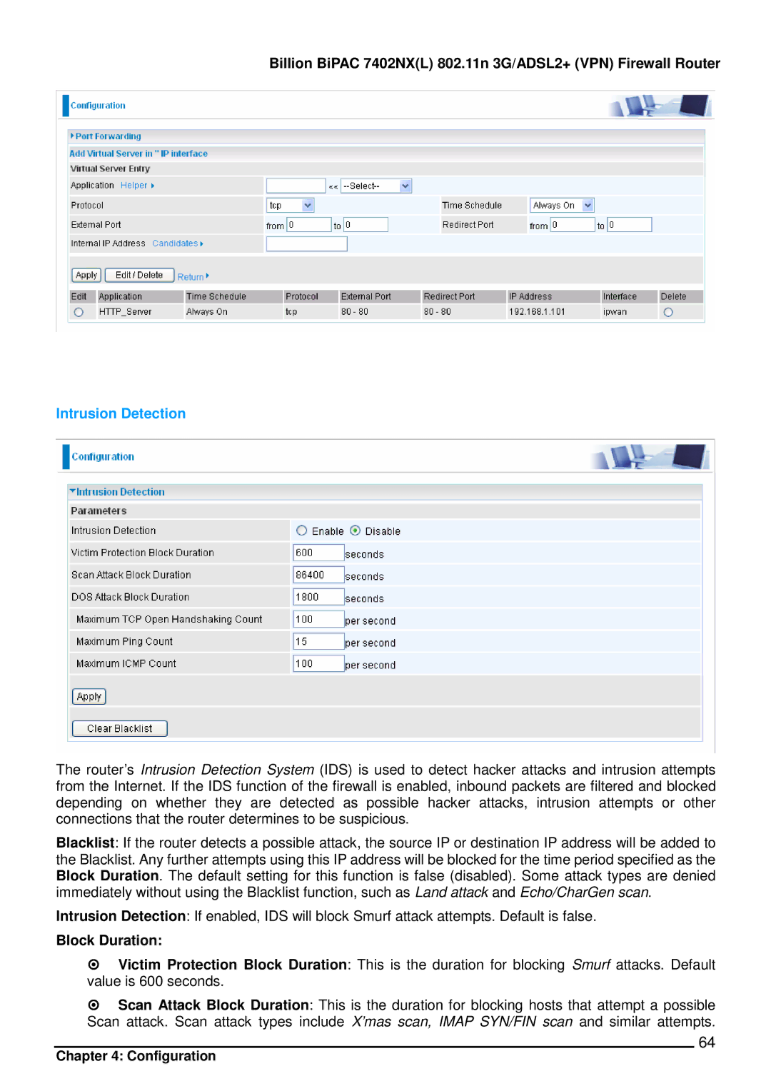 Billion Electric Company 7402NX user manual Intrusion Detection, Block Duration 