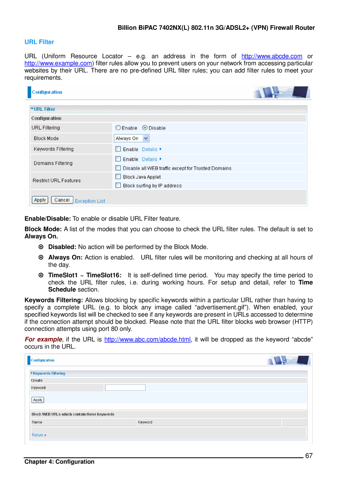 Billion Electric Company 7402NX user manual URL Filter, Always On 