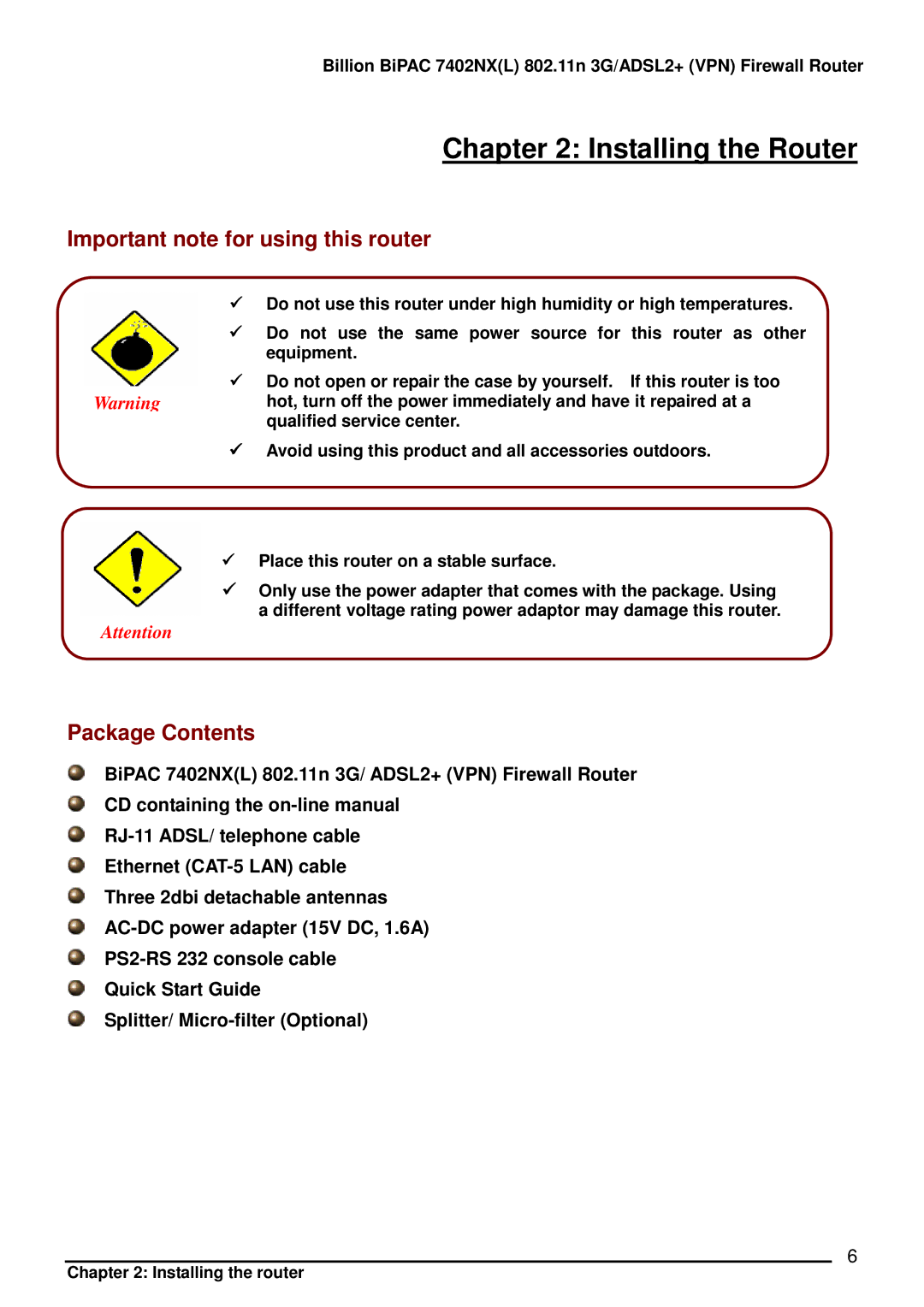 Billion Electric Company 7402NX user manual Important note for using this router, Package Contents 