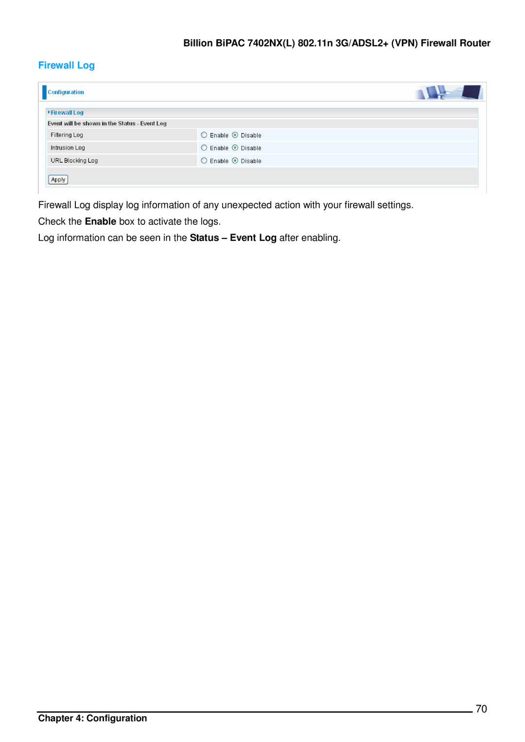 Billion Electric Company 7402NX user manual Firewall Log 