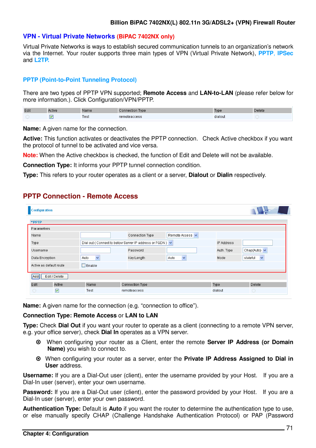 Billion Electric Company VPN Virtual Private Networks BiPAC 7402NX only, Pptp Point-to-Point Tunneling Protocol 