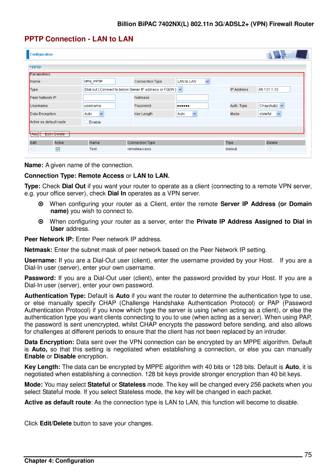 Billion Electric Company 7402NX user manual Pptp Connection LAN to LAN 