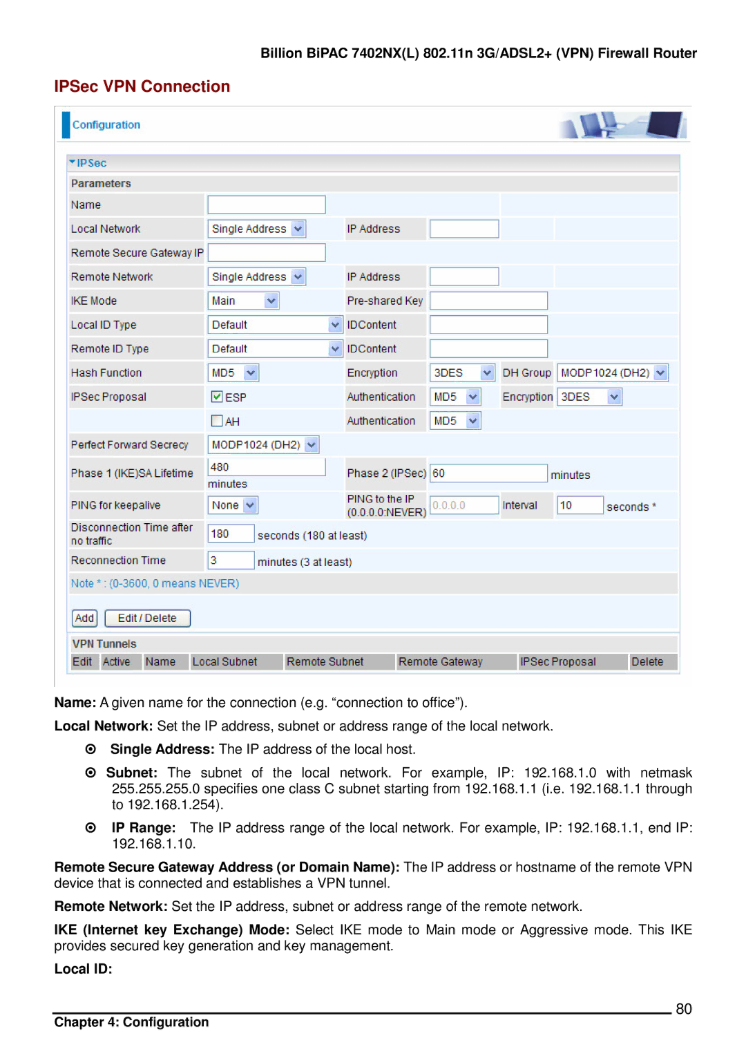 Billion Electric Company 7402NX user manual IPSec VPN Connection, Local ID 